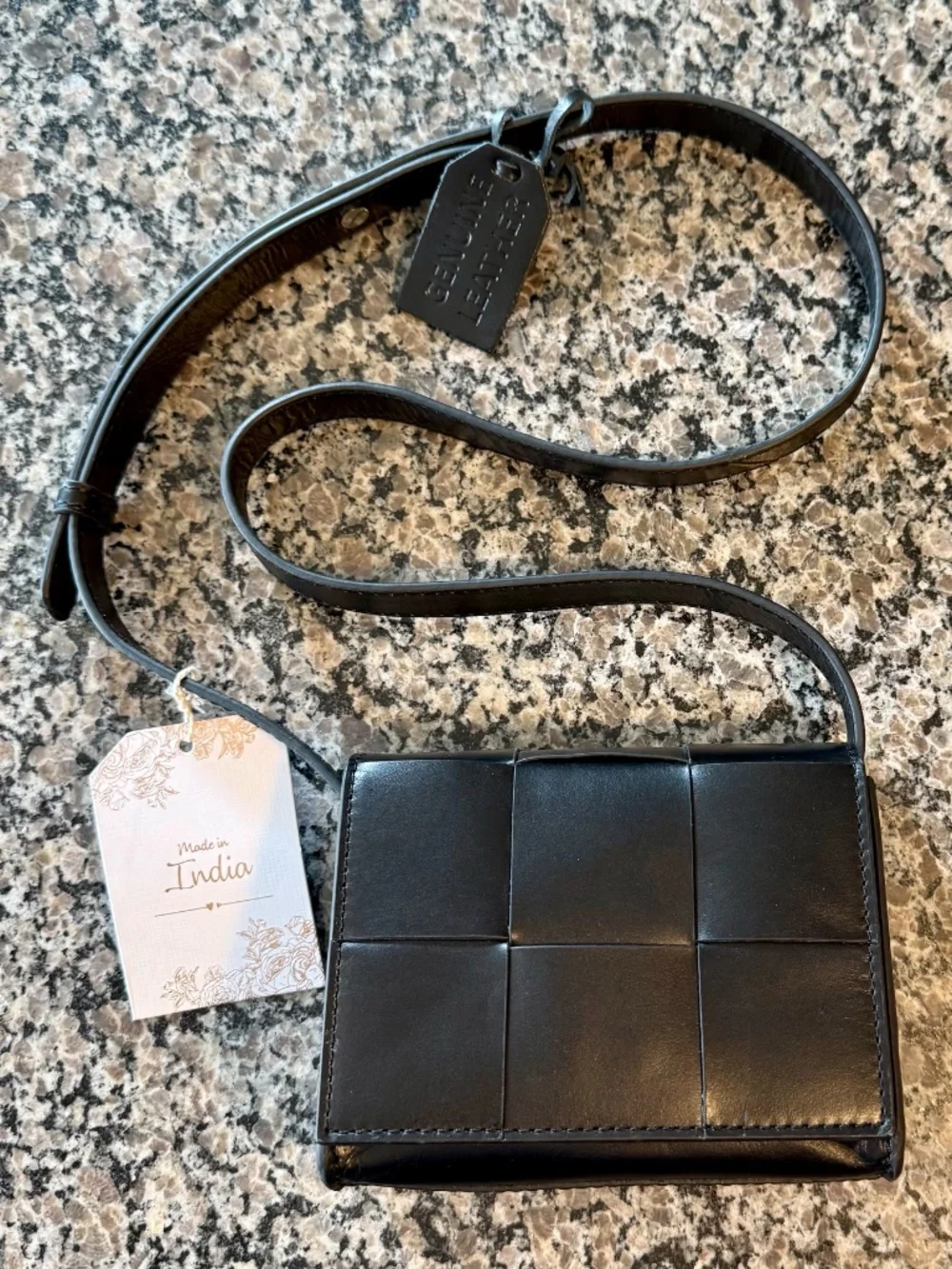 Women's Genuine Woven Leather Mini Crossbody Bag - Black - Picture 3 of 7